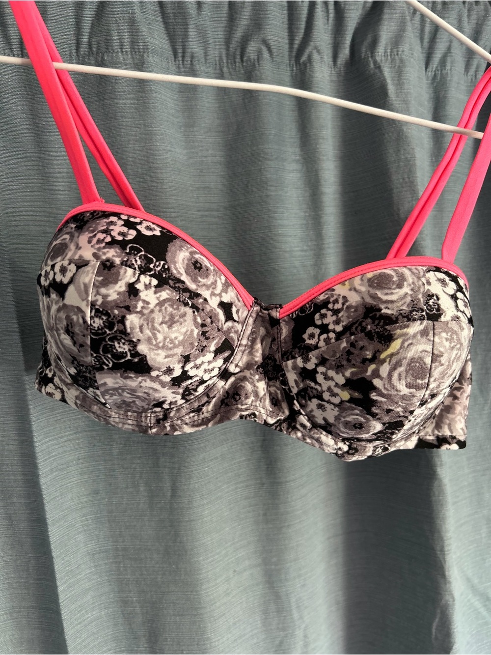 Floral Print Strapless Bikini Top with Pink Trim